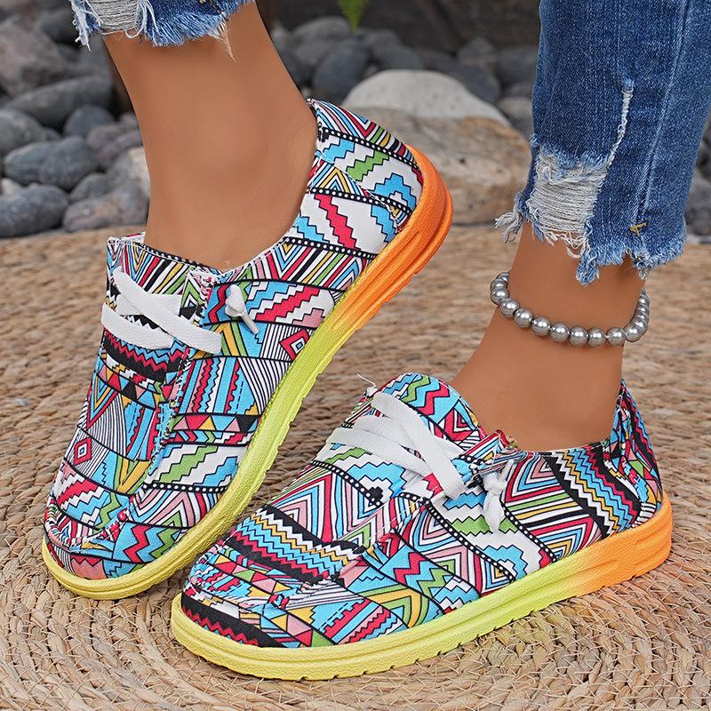 Mode 2025 Damen Graffiti Regenbogen Canvas Schuhe Herbst Neu Lässig Täglich Damen Flacher Schuh Runde Zehe Mehrfarbig Bedruckt Schnür-Sneakers