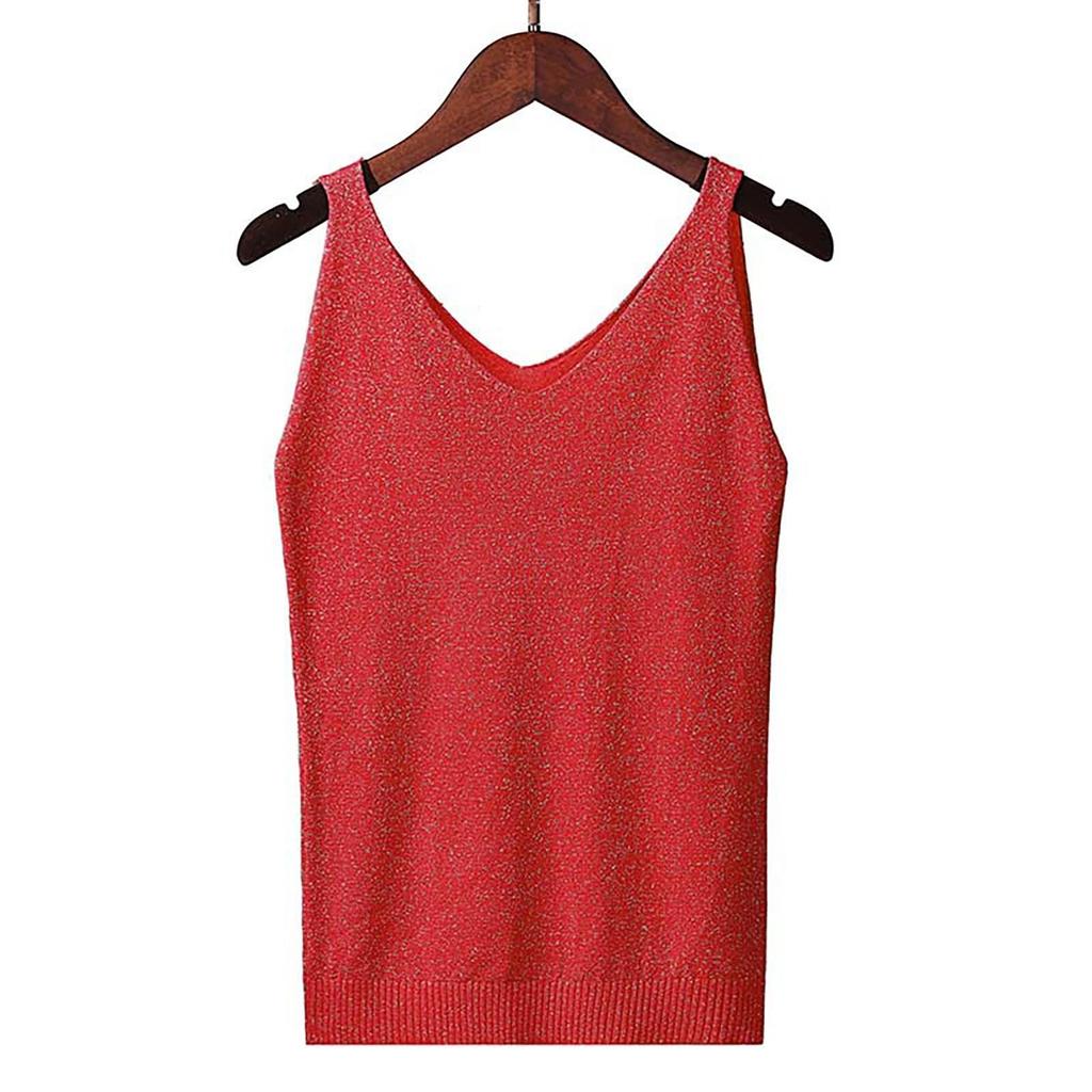 Women's Tank Top With Knitted Sequins Sexy Sleeveless V Neck Tank Top T-Shirt Casual Sequins Strappy T-Shirt Elegant Blouse