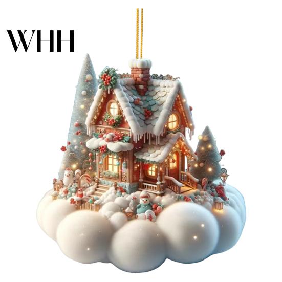 Holiday House Hanging Decor Christmas Pendant Acrylic 2D Flat Ornament Mini Snow-covered Cabin Cartoon Decoration for Tree Mantel Car Charming