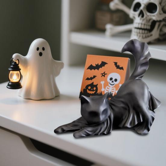 Ozdoba Czarny Kot Duch Żywica Halloween Figurka Kota Ducha Straszny Kotek Rzeźba na Biurko Prezent dla Miłośników Kotów