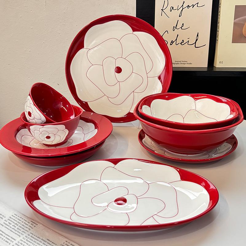 Red Camellia High-Value Ceramic Dishes, Tableware, Souvenir, Wedding Gift, Housewarming, New Home Dish Set
