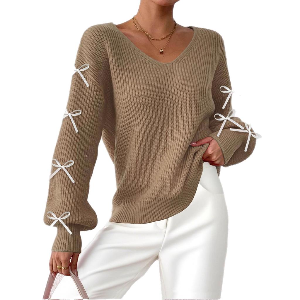 Women's Autumn and Winter Top with Ribbon Bow Decoration Pullover Sweater