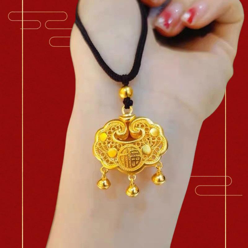 Fu Character Safety Lock Necklace Women'S Woven Rope Design Retro Chinese Style Hollow Long Life Lock Collarbone Chain