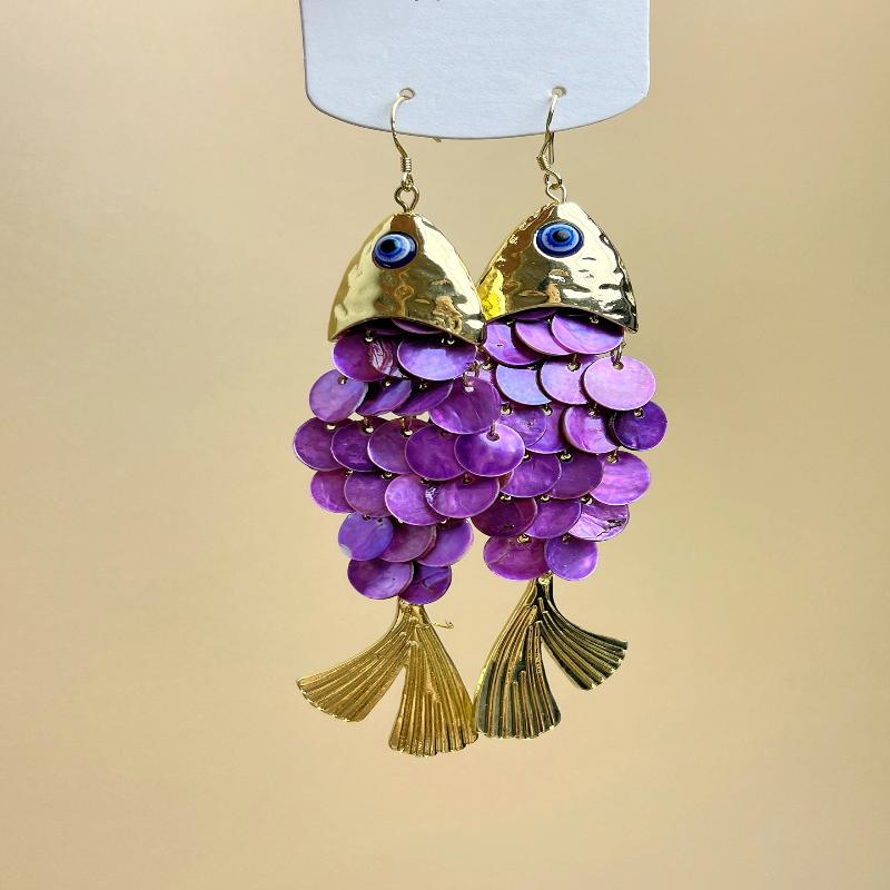 

Exaggerated Round Scaly Tassel Fish Pendant Earrings Retro Personalized Jewelry For Women Gift фіолетовий