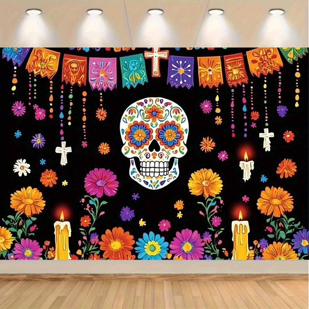 A day of dead sugar skull polyester background - vibrant floral design and cross, Mexican party decoration