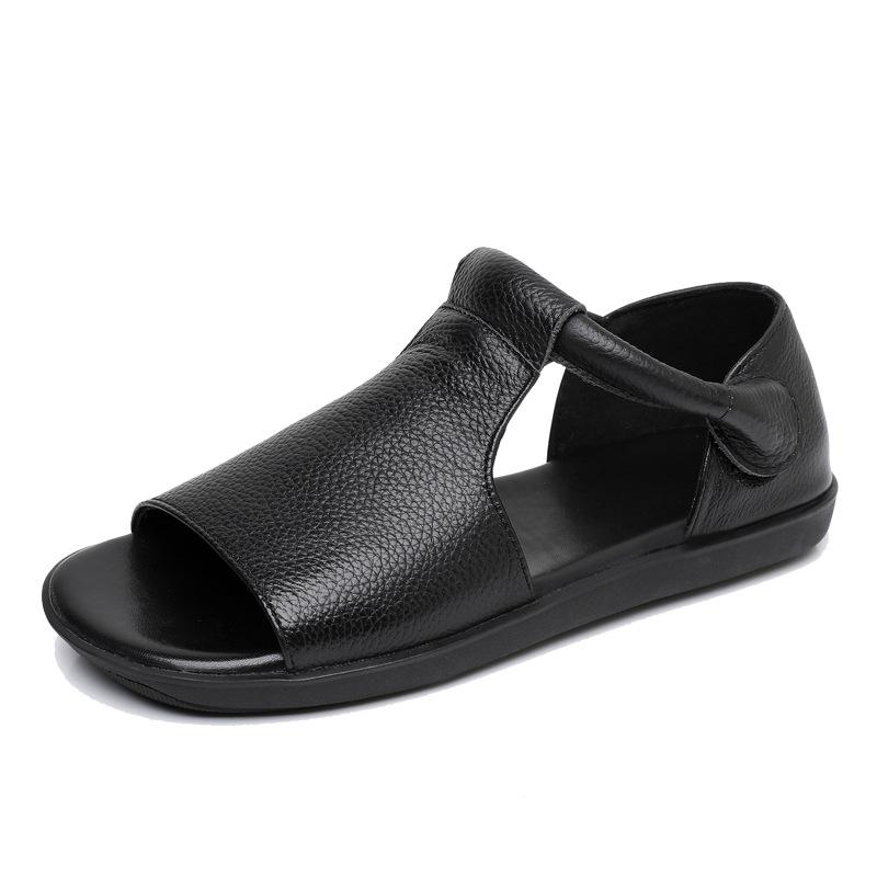 Leather Flat Bottomed Mother's Shoes Sandals with Soft Soles, Comfortable and Versatile, Exposed Toe, Anti Slip and Wear-resistant Women's Shoes