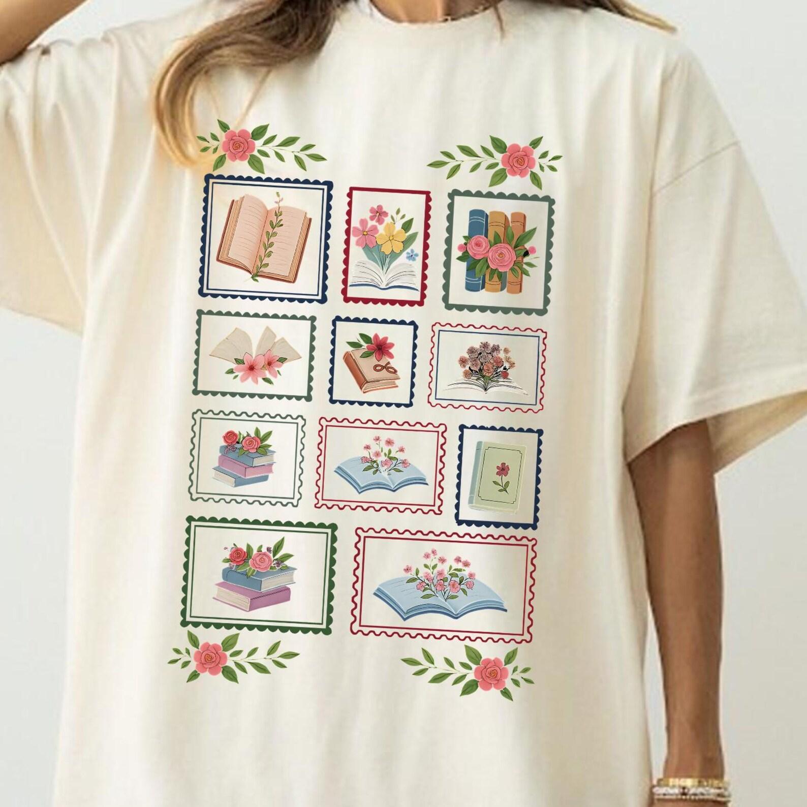 Book Lover Postage Stamp Tshirt, Floral Bookish Stamp Shirt, Good Day To Read, Booktrovert Summer Librarian, Flower Postage Stamp S