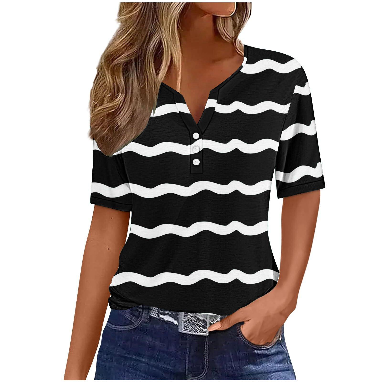 Spring and Fall V-Neck Print Casual Loose Fit Short Sleeve European Style Women L