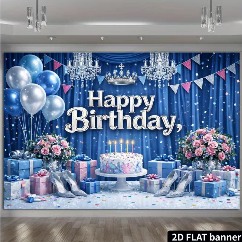 

Princess Themed Birthday Tapestry, Blue Curtains with Balloons, Gifts and High Heels for Photo Booth 47.2x31.5inch/120*80cm