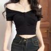 Pure Cotton Black Two-wear One-shoulder Short-sleeved T-shirt for Women's New Hot Girl Sexy Slim and Versatile Short Top