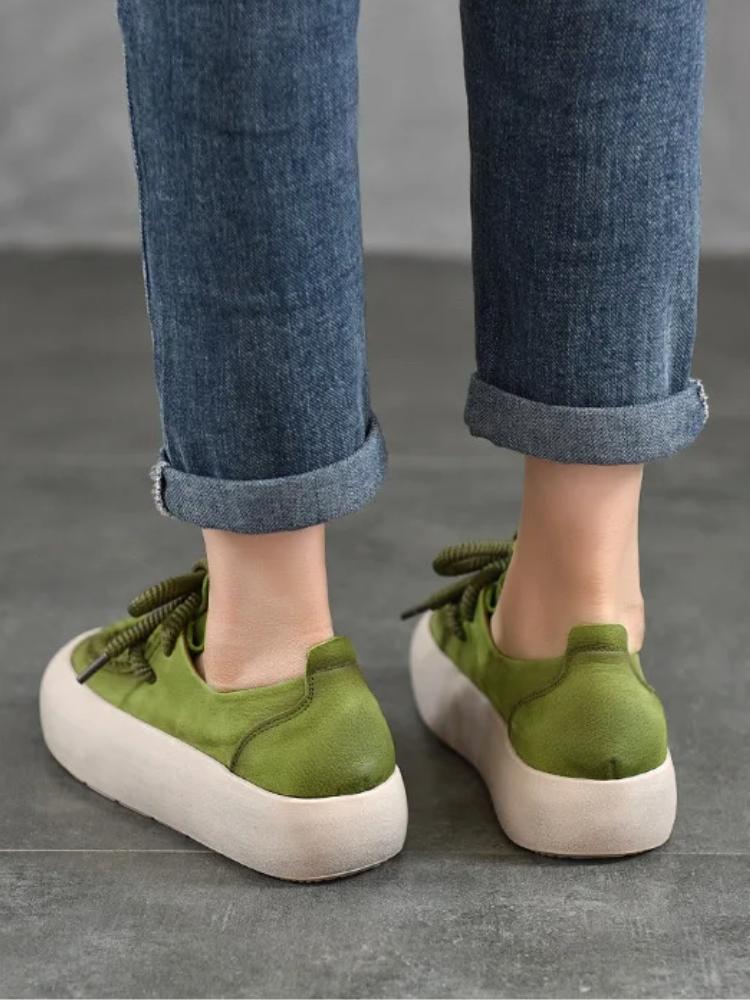 Johnature Oryginalne skórzane grube podeszwy damskie buty casualowe uniwersalne buty na płaskiej platformie w jednolitym kolorze