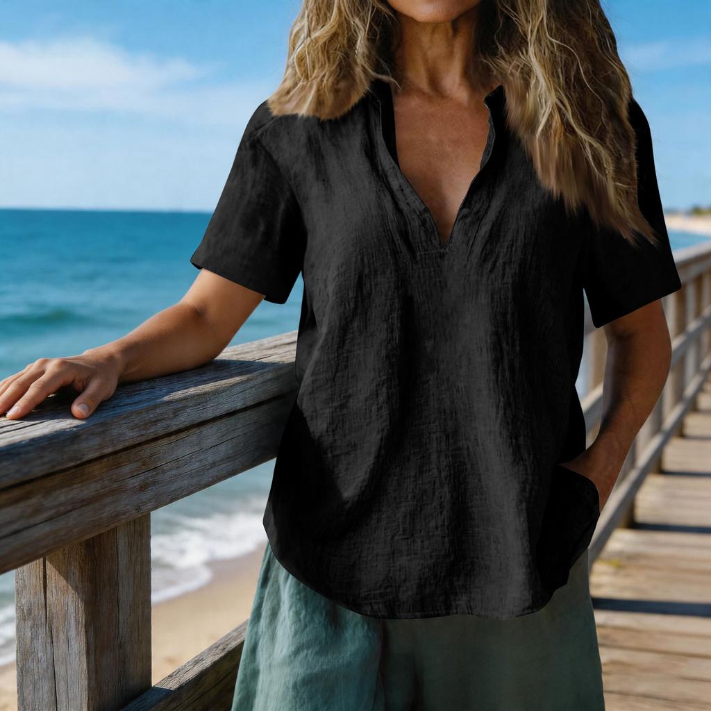 Womens Linen Short Sleeve V Neck Casual Blouse Loose Fit Lightweight Summer Top for Daily Work Travel Beach Wear