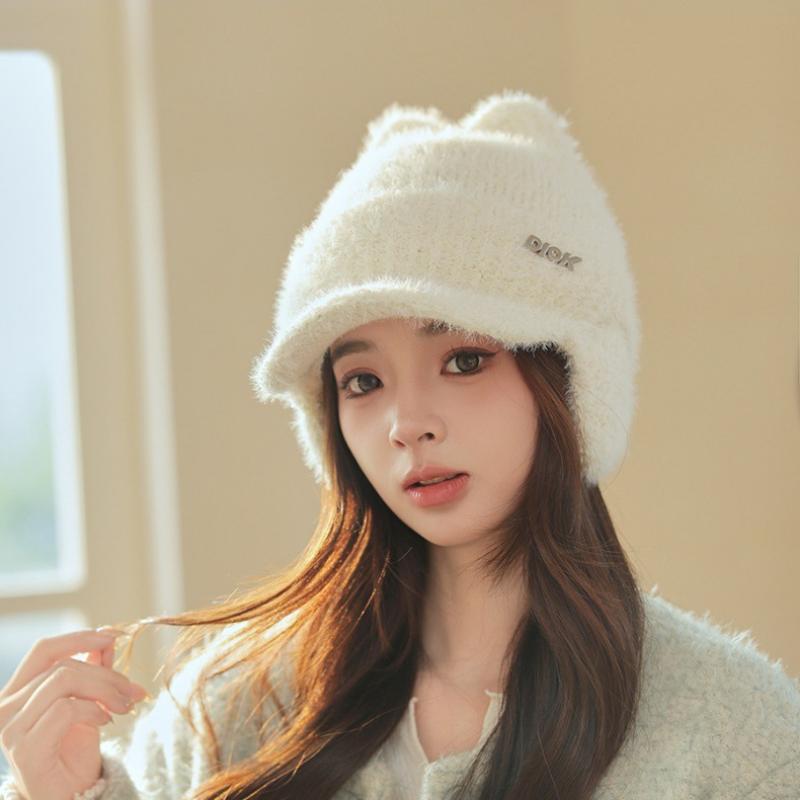 Cute Cat Ear Baseball Cap Autumn and Winter Windproof Ear Protection Knitted Hat Plus Velvet Thickened Knitted Hat