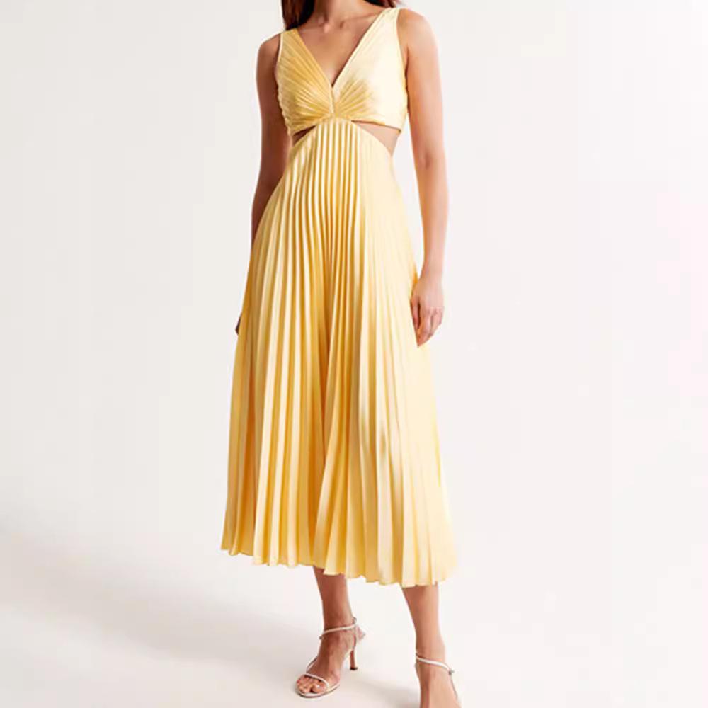 2024 Summer Elegant V-Neck Sleeveless Backless Pleated Dress for Women