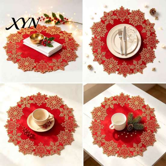 Winter Holiday Party Tableware Christmas Embroidered Placemat, Red And Gold Snowflake Table Decorations for Home Mat, Heat Resistant Polyester