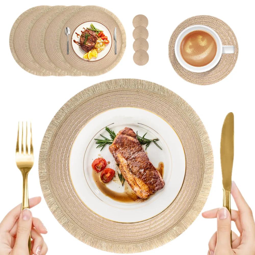 Set of 4 Braided Cotton Placemats with Coasters Washable Heat Resistant Mats Boho Woven Table Mats for Christmas Dining Table