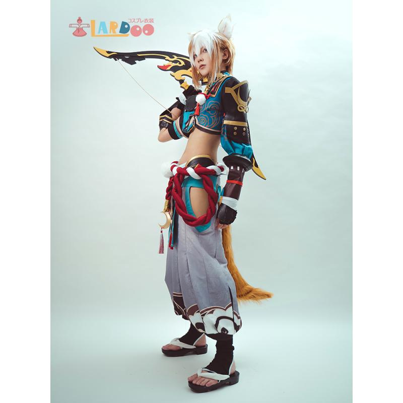 Lardoo Games Gorou Cosplay Costume Men Blue Fox Boy Costume Halloween Pants Tail Full Set