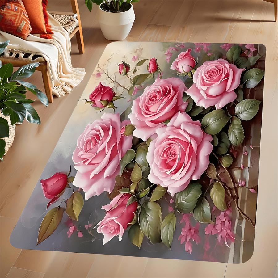 1Pcs Anti Fatigue Kitchen Rugs Blue Pink Roses  Waterproof Non-Slip Thick Cushioned Kitchen Mat Heavy Duty Comfort Standing Mat for Kitchen