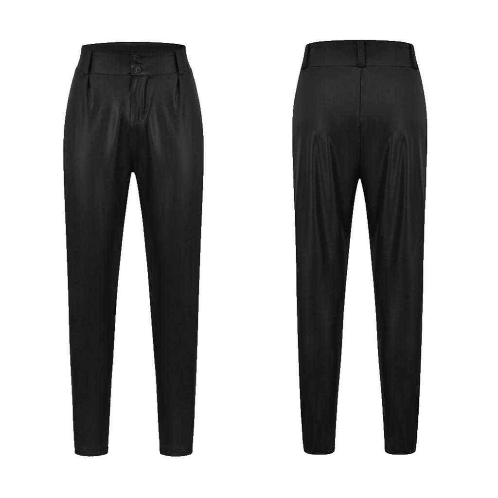 Fashion Women's Color Faux Leather Button High-waisted Tights Trousers Pencil Pants