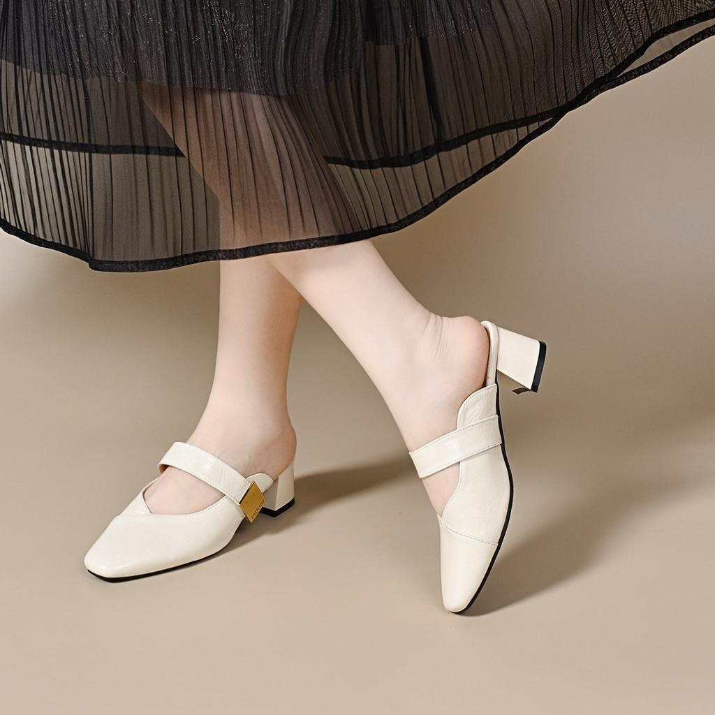 Square head thick heel sandals women wear summer simple temperament slippers bag head square buckle word with lazy drag