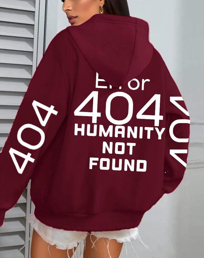 Women's Autumn Loose Fleece Hoodie with 'Error 404' Letter Print and Pocket