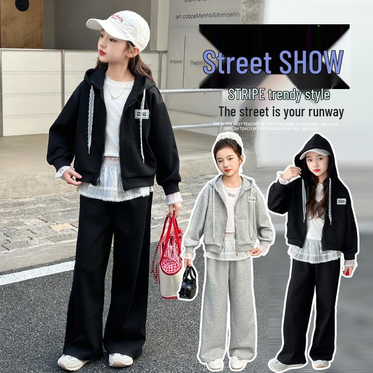 2025 New Style Girls' Hooded Sweatshirt & Wide-Leg Pants Two-Piece Set for Spring and Autumn