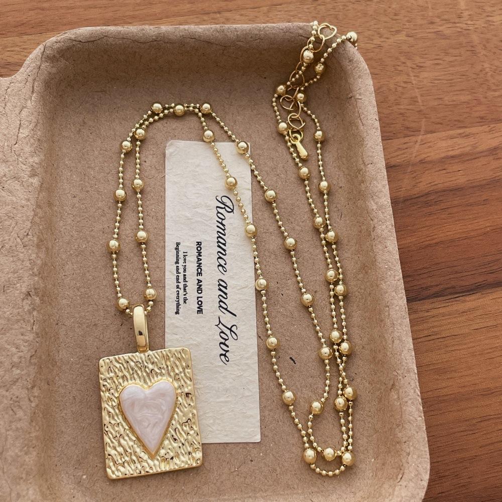 Women s Blue White Enamel Heart Hammered Square Coin Pendant Necklace Gold Silver Plated Bead Sweater Chain 58cm