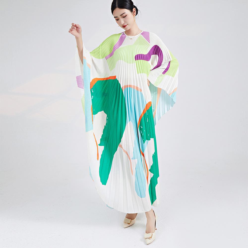 European & American Plus Size Printed Irregular Pleated Long Dress - Vacation Style