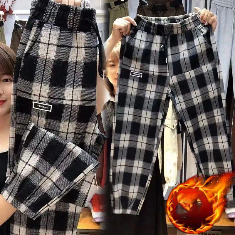

Женские брюки большого размера с бархатной подкладкой на осень и зиму, модные повседневные спортивные брюки с эластичной талией, женские клетчатые брюки гаремы S-5XL S чёрный