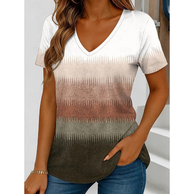

Women s Ombre Striped Print T-Shirt, V-Neck Short Sleeve Crop Tops, Blue Purple Brown Green, Spring Summer S