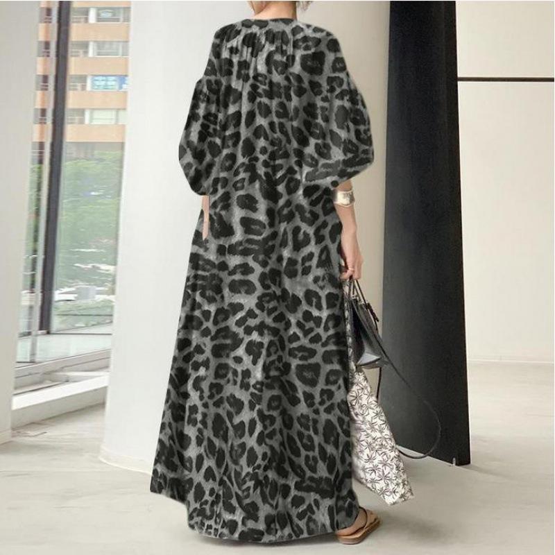 Temperament Leopard Print Stand Up Collar with Bubble Sleeves, Fashionable and Loose Casual Bohemian Shirt Dress, Spring and Autumn Plus Size