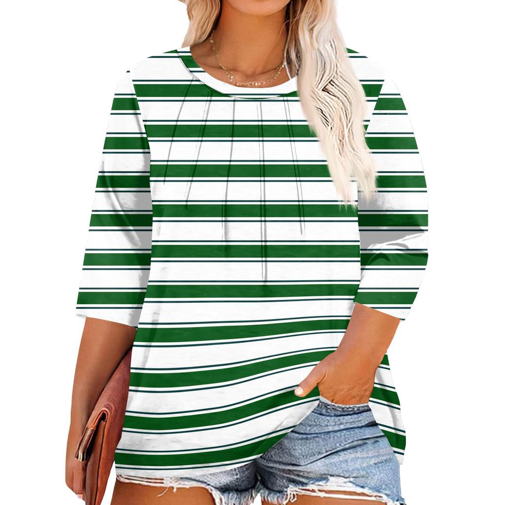 Women's Solid Color Round Neck Plus Size Tops 3/4 Sleeves Elegant Shirt Tops