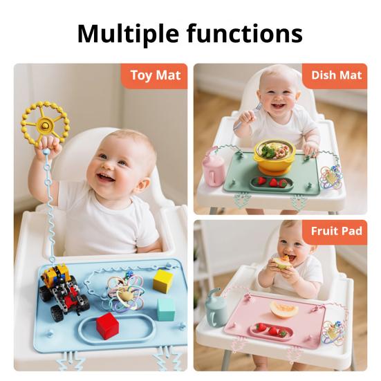 Multi-functional Activity Pad Silicone Baby Placemat with Suction Cup, Toddlers Eating Food Mat Mats Anti-fall Rope, Foldable for Kids Non Slip Table