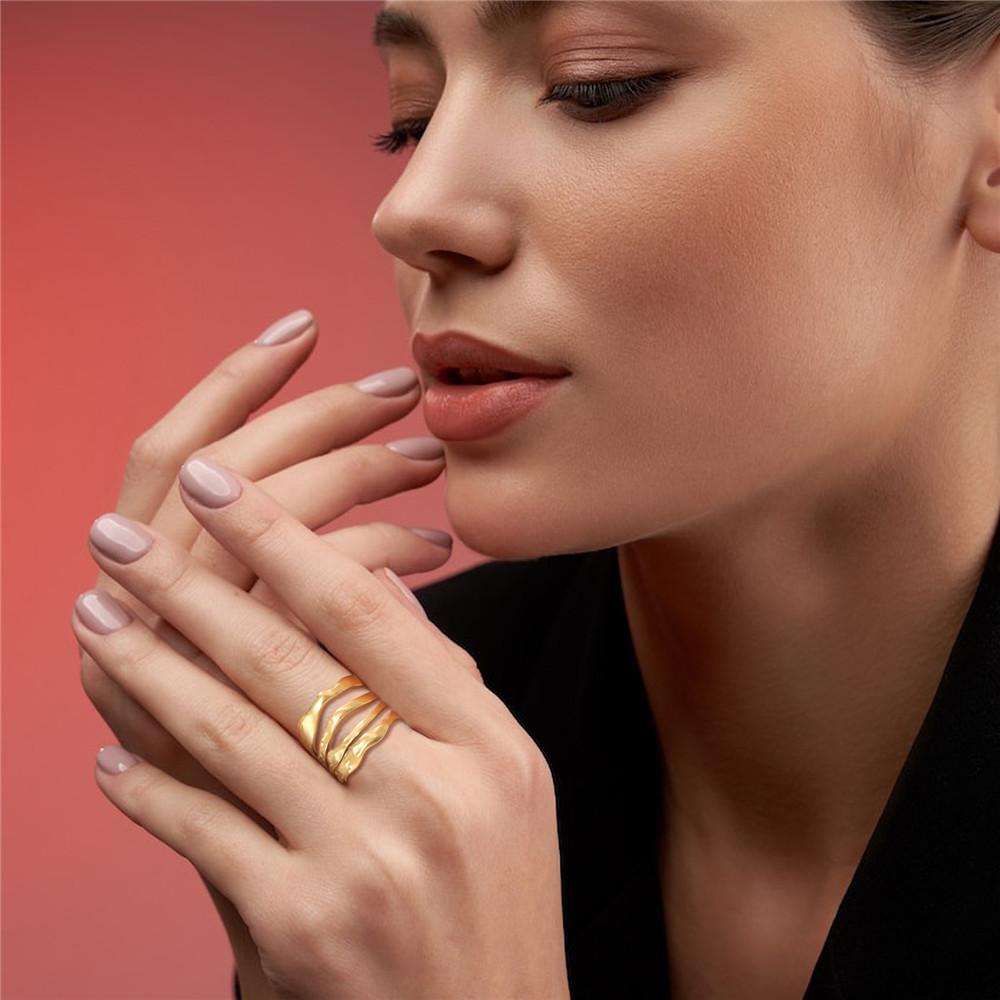 Women Irregular Wave Geometric Rings Fashion Stainless Steel Gold Adjustable Minimalist Finger Ring Jewelry