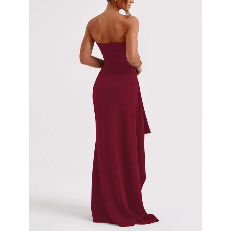 New Elegant Off Shoulder Strapless Evening Gown Dress Spring Summer Solid Color Tube Top Tight Waist High Split Party Long Dresses Simple Clothing