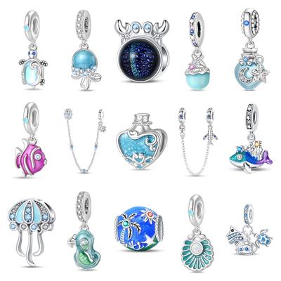 S925 Silver Blue Jellyfish Seahorse Turtle Beaded Pendant DIY Jewelry Kit Ocean Summer Craft