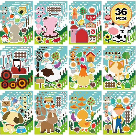 36 PCS Farm Animal Stickers Sheets, Make-a-face Sticker, Make Your Own Stickers for Kids Farm Themed Party Favors Supplies Craft Birthday Gift for