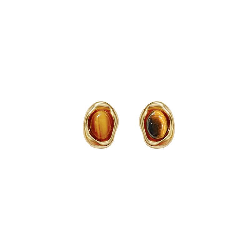Maillard Style Geometric Tiger's Eye Stone Stud Earrings Women's Retro Small Temperament Earrings High-end Simple Explosive Earrings