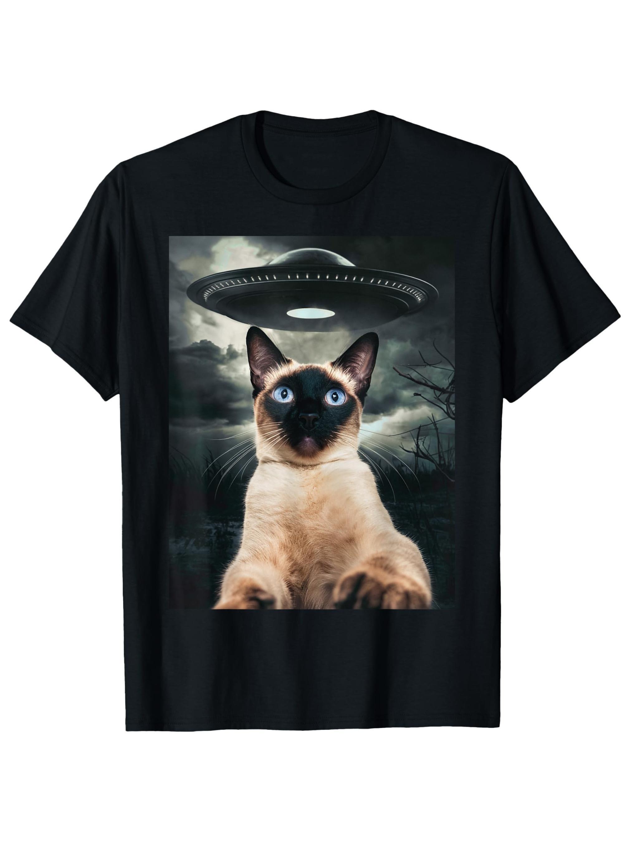 Men s Fun Thai Cat T-shirt with UFO Pattern - A Breathable Black Short-sleeved Shirt with Selfie Design A Casual Round-neck T... S разноцветный