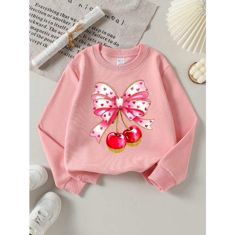 Girls Crew Neck SweatshirtPink Heart Bow with Cherries, Soft Cozy Pullover, Warm Casual Outfit for Autumn & Winter