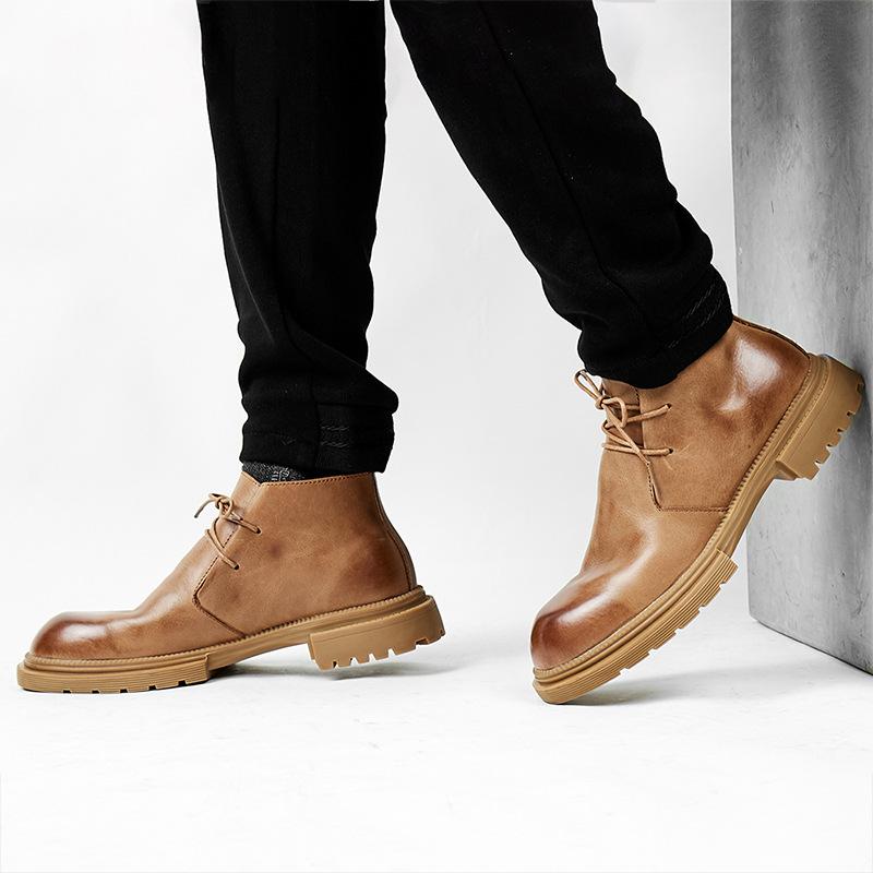 Casual Leather Round Head Thermal Sewing Line Men'S Brown Winter Velvet Thermal Cowhide Tooling Martin Boots