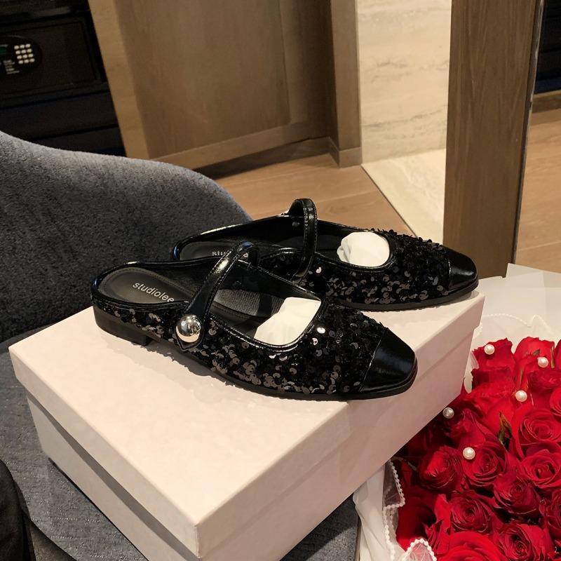 ~ Delicate Bow Pearl Shallow Mouth Round Head Flat Bottom Sheepskin Ballet Single Shoes Women's Spring and Autumn