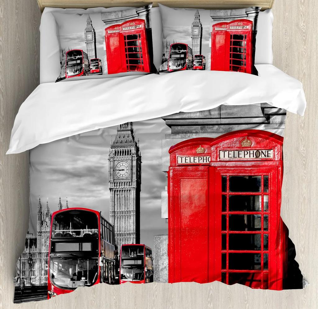 London's Clocks Trams Bridges Bedding Set London Duvet Cover Set London Telephone Booth In The Street Traditional Local Cultural