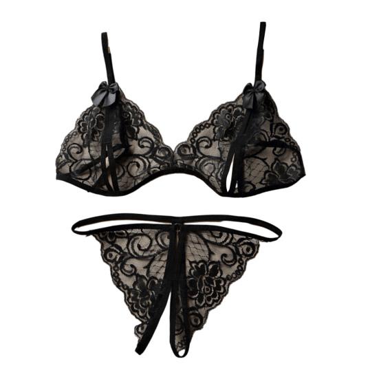 Set Sexy Transparent Sutiene și Chiloți Dantelă Florală Plasă Babydoll Set Lenjerie Intimă 2 Piese Sutiene Triunghiulare Transparente G-String Tangă cu Bretele pentru Femei