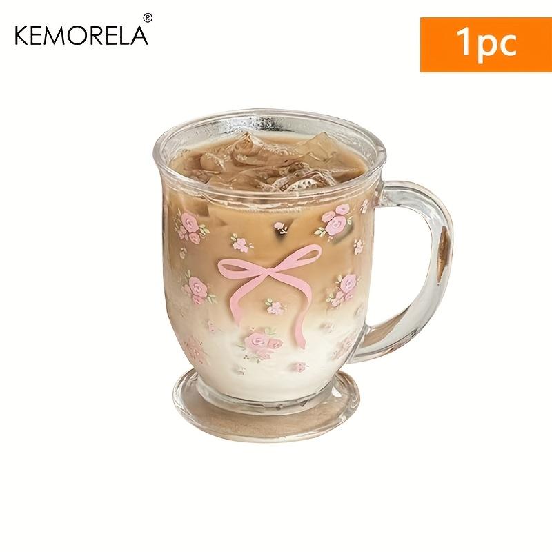 KEMORELA 1/2 ST Blomma Ros Rosett Mönster Glas 450ml Multifunktionell U-formad Handdiskbar Återanvändbar Glas Lämplig För Kaffe