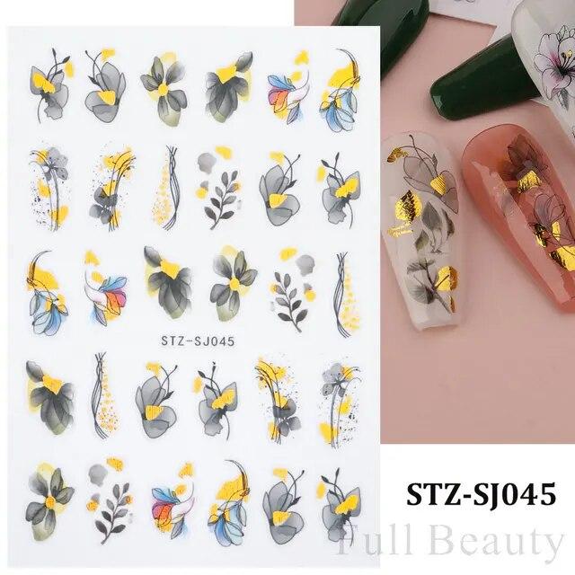 Lily Flower Geometric 3D Nail Stickers Maple Leaves Lines Nail Art Adhesive Sliders Red Berries Decals Decoration PPSTZ-SJ027