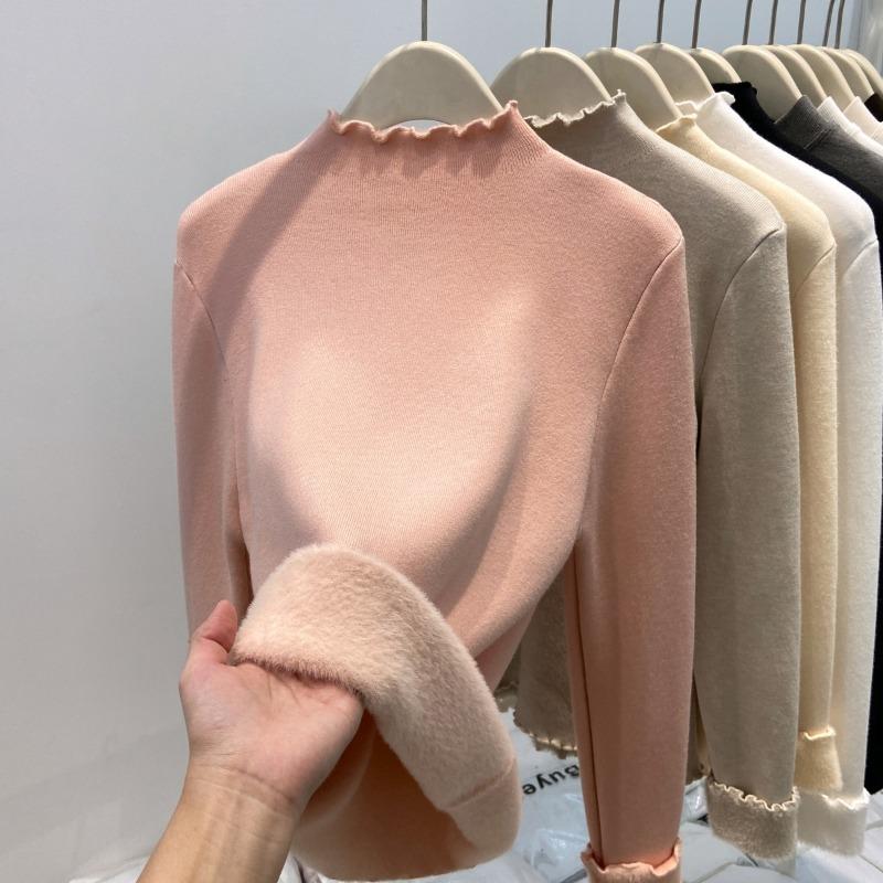 Simple semi-turtleneck knitted sweater women's autumn and winter integrated fleece thickened inner top fungus edge bottoming shirt