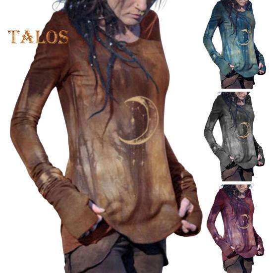 Top da donna Girocollo Manica lunga Maglietta stampata luna Aderente Lunghezza media Elasticizzata Maglietta da indossare tutti i giorni