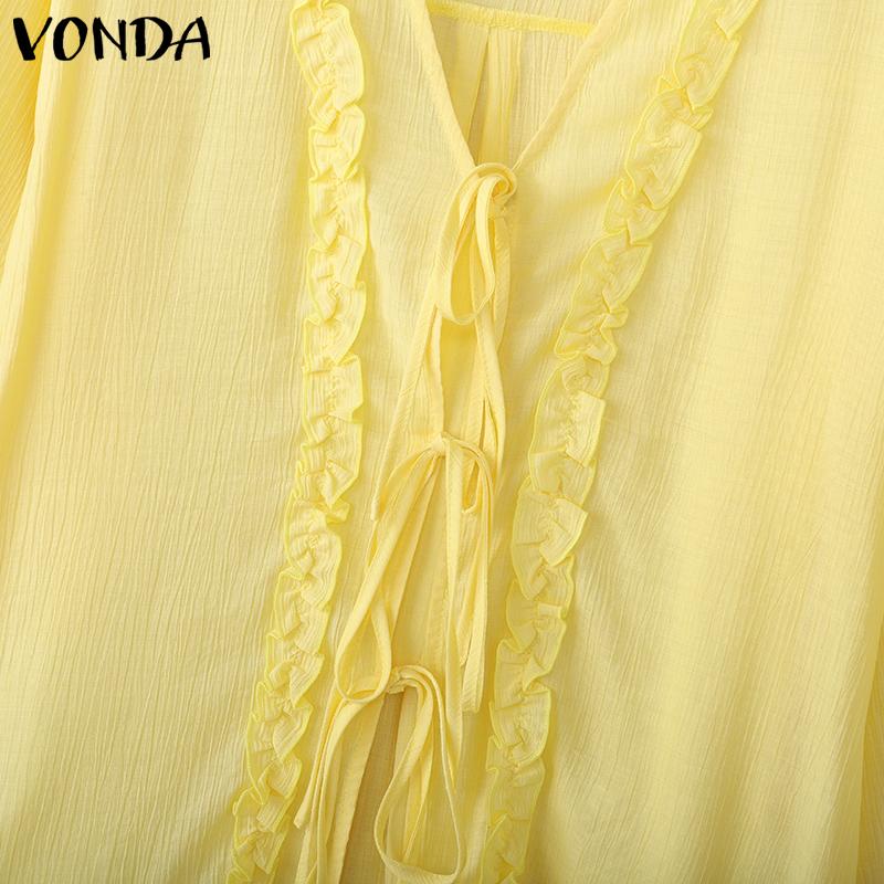 VONDA Women V Neck Long Sleeve Lace Up Ruffled Hem Semi-Sheer Shirts Blouse
