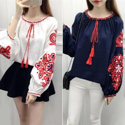 Summer Shirt Women Embroidered Pattern Pullover Lantern Sleeve Tops Round Neck Ethnic Style Loose Fit Blouse